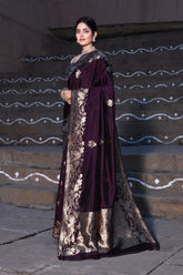 Chocolate Wine Pure Katan Silk Banarasi Handloom Saree